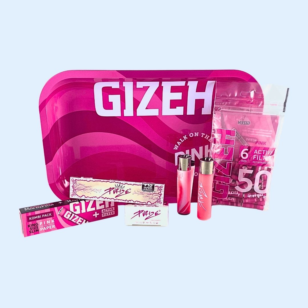 Rosa Drehset mit Longpapers, Aktivkohlefiltern, Tray und Aluminium-Grinder