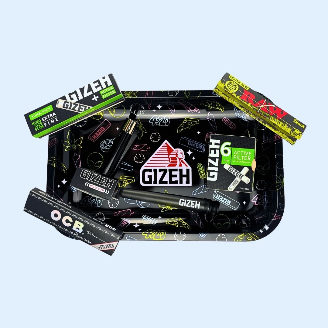 Grinder, Tray und Longpapers im einheitlichen Black Style – Skunaby Bundle